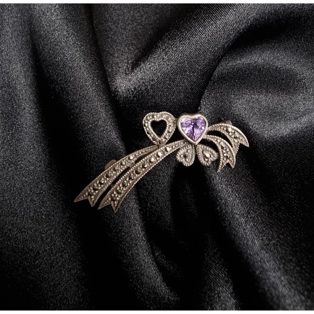Vintage Sterling Silver 925 Marcasite Bow Brooch With Amethyst Heart Gemstone